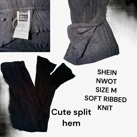 NWOT SHEIN Athletic Pants Black Split Hem Soft Ribbed Knit Leggings Size Medium - Picture 3 of 5